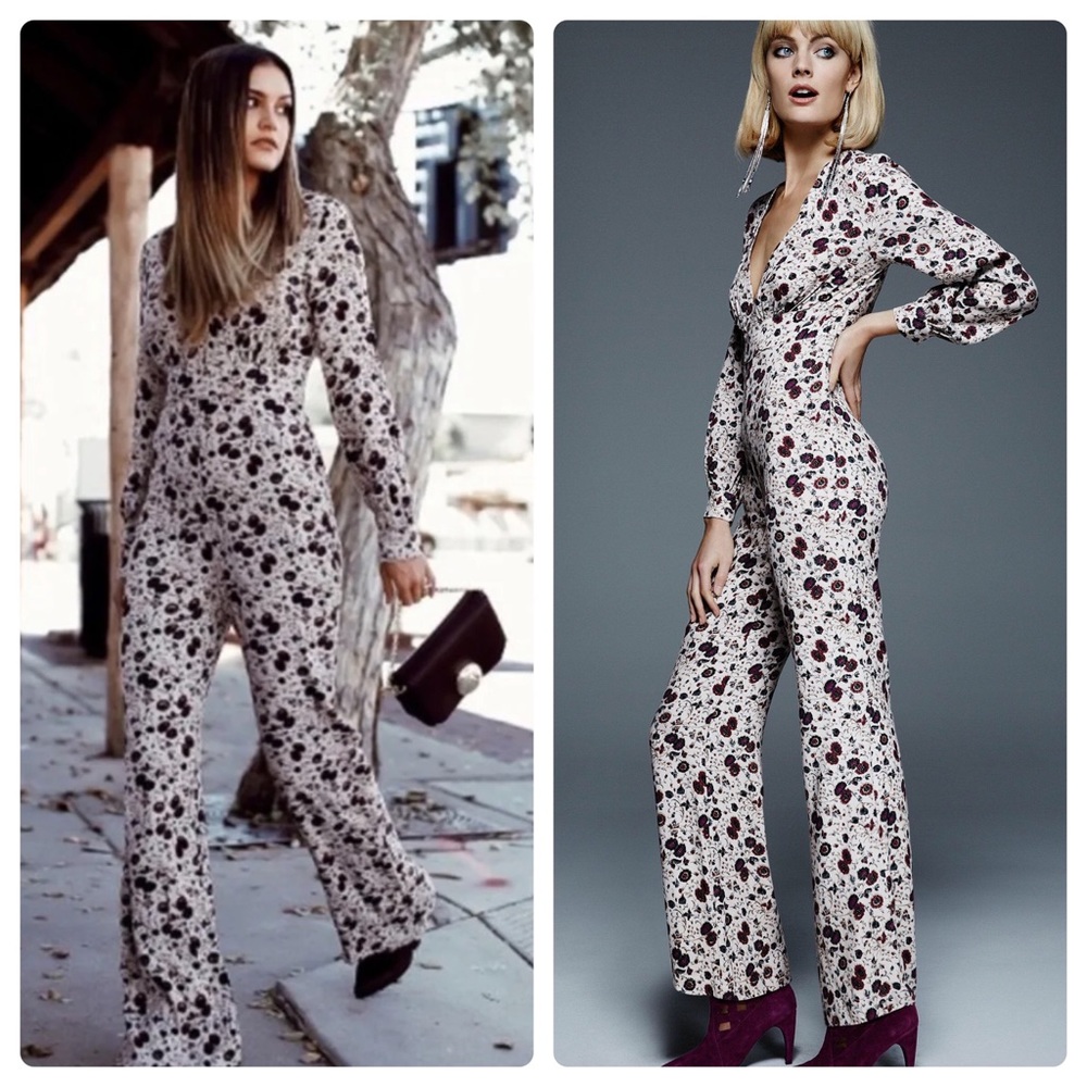 NWT Free People Some Like It Hot Floral Long Sleeve Jumpsuit Almond Combo 0